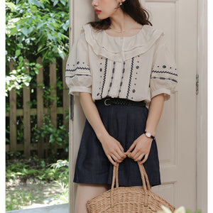 Áo sơ mi linen ngắn tay cổ lá sen thêu hoa văn retro - OD1627