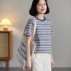 Áo T-shirt ngắn tay cổ tròn kẻ sọc sắc màu - NU10128