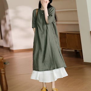 Đầm liền linen ngắn tay cổ tròn khuy cài hai bên - D005