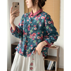 Áo sơ mi linen tay lửng cổ pipi in hoa lá - A681