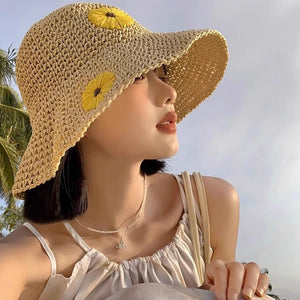 Mũ cói móc tay retro vành rộng gấp gọn thêu hoa - M026
