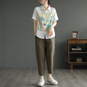 Áo sơ mi linen ngắn tay cổ đức in hoa loa kèn - NU8806