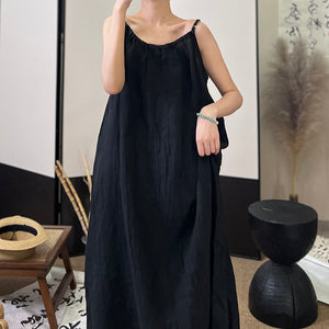 Đầm liền linen hai dây retro form rộng - NU10489