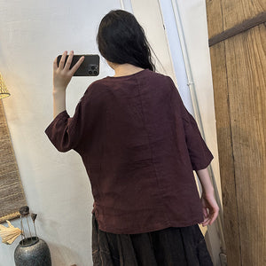 Áo T-shirt linen ngắn tay cổ tròn thêu đối xứng - NU9093