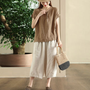 Áo T-shirt linen sát nách cổ tròn vạt xẻ - NU10303