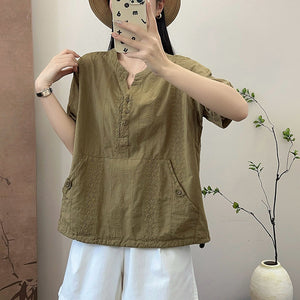 Áo sơ mi linen ngắn tay cổ tròn thêu retro vạt dây rút - NU10346
