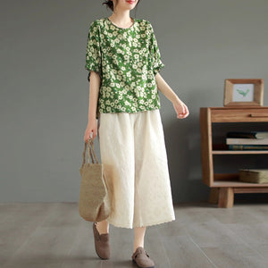 Quần baggy linen lửng thêu hoa văn retro - Q180