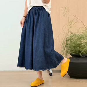 Chân váy denim lưng thun vạt thêu hoa - V103