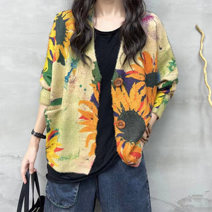 Áo khoác len cardigan dài tay cổ V in hoa hướng dương - NU9230
