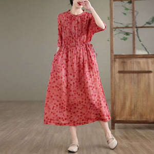 Đầm liền linen ngắn tay cổ tròn xếp ly in retro - NU10451