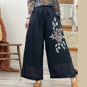 Quần baggy linen lưng thun ống rộng thêu hoa - NU9778