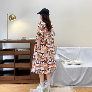 Đầm liền linen dài tay cổ pipi in hoạt hình kiểu sơ mi - D035