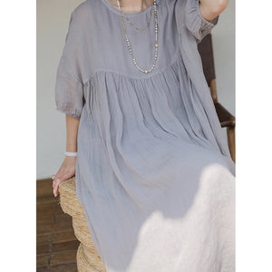Đầm liền linen ngắn tay cổ tròn eo xếp ly đơn sắc - NU9038