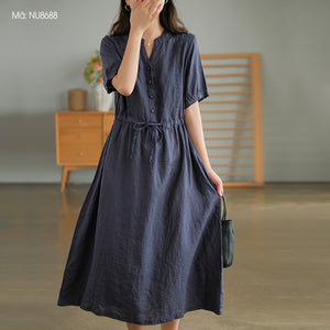 Đầm liền linen ngắn tay cổ V xếp ly đối xứng - NU8686
