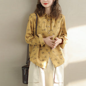 Áo sơ mi linen dài tay cổ đức in hoa lá li ti - NU9776