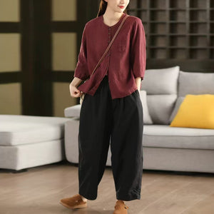 Áo sơ mi linen tay lửng cổ tròn một túi khuy kép - A802