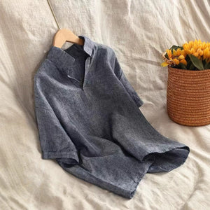 Áo sơ mi linen ngắn tay cổ đức một màu - A801