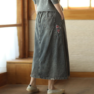 Chân váy denim lưng thun dây rút thêu hoa hồng - V072