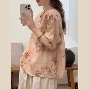 Áo sơ mi linen ngắn tay in hoa - A1004