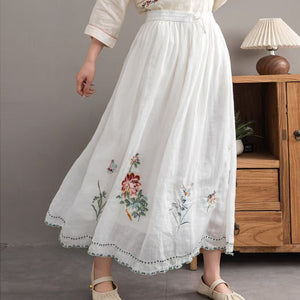 Chân váy linen lưng thun dây rút thêu hoa - V131