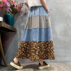 Chân váy denim lưng thun in hoa lá phối caro - V076