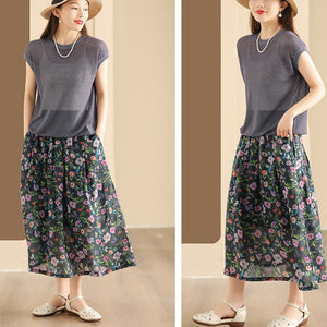 Chân váy linen lưng thun in hoa lá kiểu hai lớp - NU10222