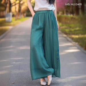 Quần baggy linen lưng thun ống rộng thêu nhành hoa - NU10418