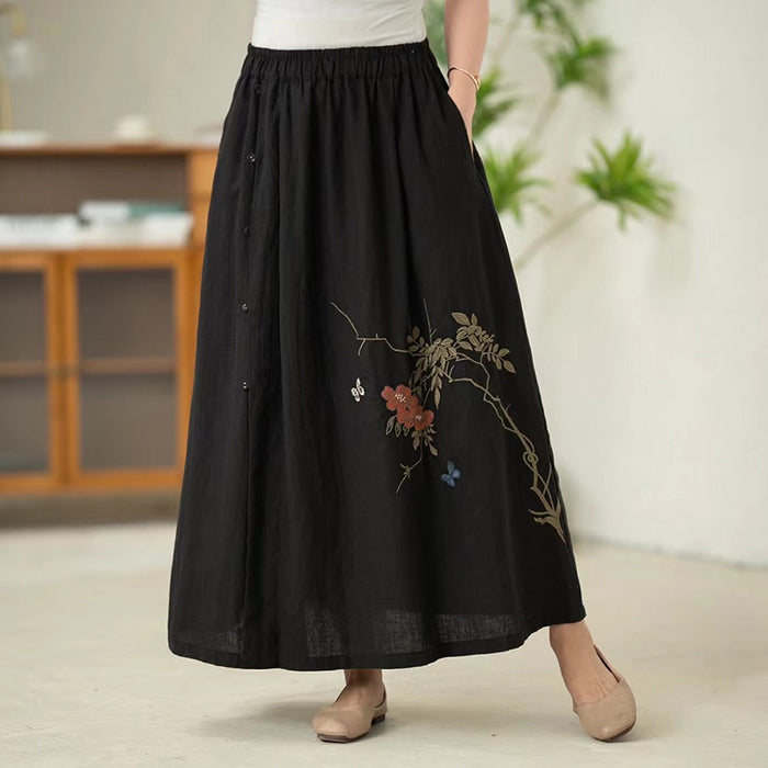 Chân váy linen retro lưng thun thêu hoa lá khuy cài - NU10081