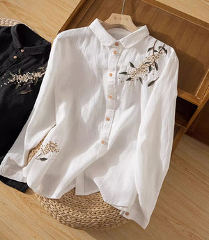 Áo sơ mi linen dài tay cổ pipi thêu nhành hoa - NU9249