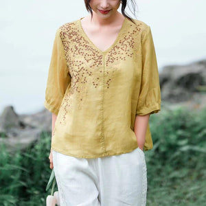 Áo sơ mi linen ngắn cổ V thêu những ngôi sao - NU9807