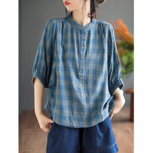 Áo T-shirt linen ngắn tay cổ đứng kẻ caro - NU8992