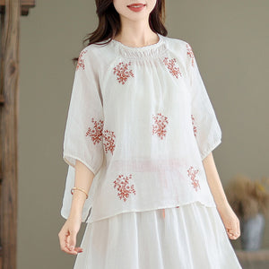 Bộ đồ linen gồm áo sơ mi ngắn tay thêu hoa lá và chân váy chữ A - NU10183