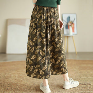 Chân váy linen retro lưng thun in những chiếc lá - NU9250