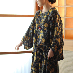 Áo sơ mi linen tay lửng cổ tròn vạt lệch in hoa lá - A718