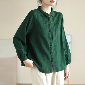 Áo sơ mi linen dài tay cổ pipi thêu hoa lá - NU9688