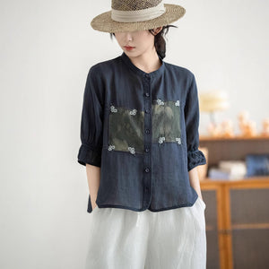 Áo sơ mi linen ngắn tay cổ đứng thêu miếng vá hoa lá  - A852