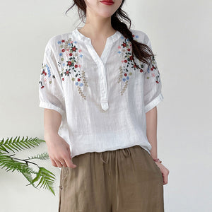 Áo sơ mi linen ngắn tay cổ V thêu hoa lá đối xứng - NU10157