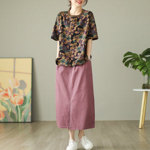 Áo T-shirt ngắn tay cổ tròn in hoa lá form rộng - NU9934
