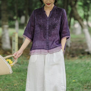 Áo sơ mi linen ngắn tay cổ V thêu hoa lá đồng màu - NU9805