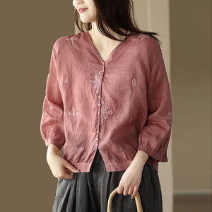 Áo sơ mi linen tay lửng cổ V thêu hoa văn retro - NU9770