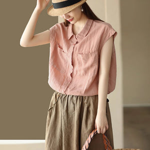 Áo sơ mi linen sát nhách cổ đức hai túi vuông vạt bo - NU8946