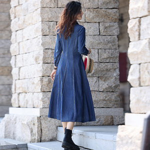 Đầm liền denim dài tay cổ cánh sen thêu hoa văn cân đối - NU9210