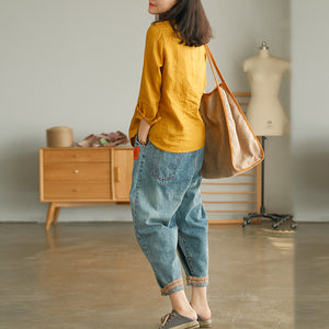 Áo sơ mi linen dài tay cổ đức đơn sắc - NU9726