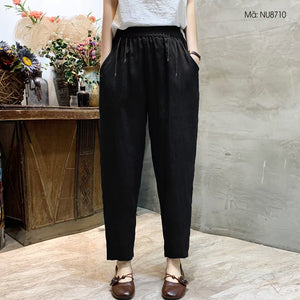Quần baggy linen lưng thun thêu hoa văn hai túi chéo - NU8708