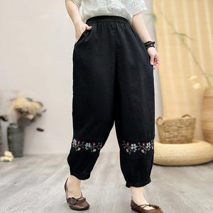 Quần baggy linen lưng thun ống túm thêu hoa lá - NU9830