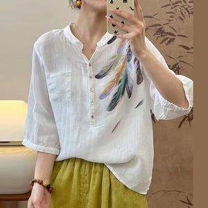 Áo sơ mi linen ngắn tay cổ đứng in lông vũ - NU10097