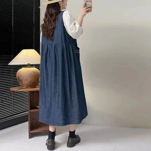 Đầm liền sơ mi denim sát nách thêu hoa lá - NU10054