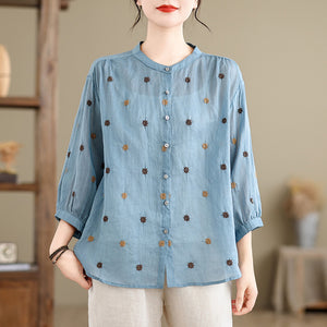Áo sơ mi linen tay lửng cổ đứng thêu chấm sao - NU10093