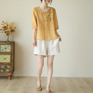 Áo T-shirt linen ngắn tay cổ tròn đính ren thêu hoa lá - NU9997