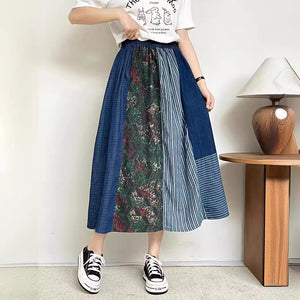 Chân váy linen lưng thun thêu chắp vá kẻ sọc - NU10098